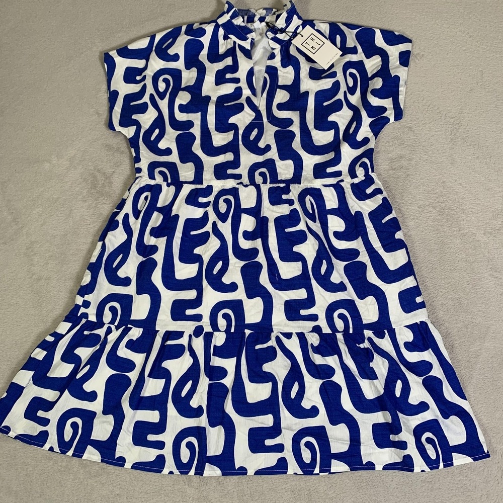 THML Emmy Dress Womens Small Blue White Geometric Ruffle Mock Neck Swing NEW